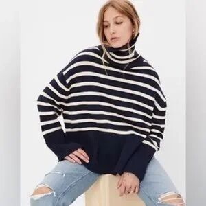 GAP Navy and White Striped Split Hem Turtleneck Sweater